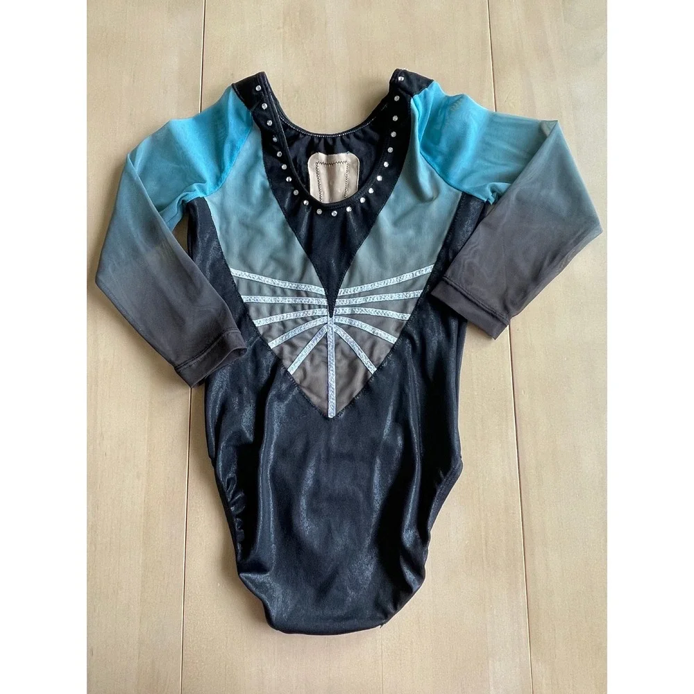 GK Elite Black Blue Rhinestone Gymnastics Leotard Long Sleeve Child Large CL